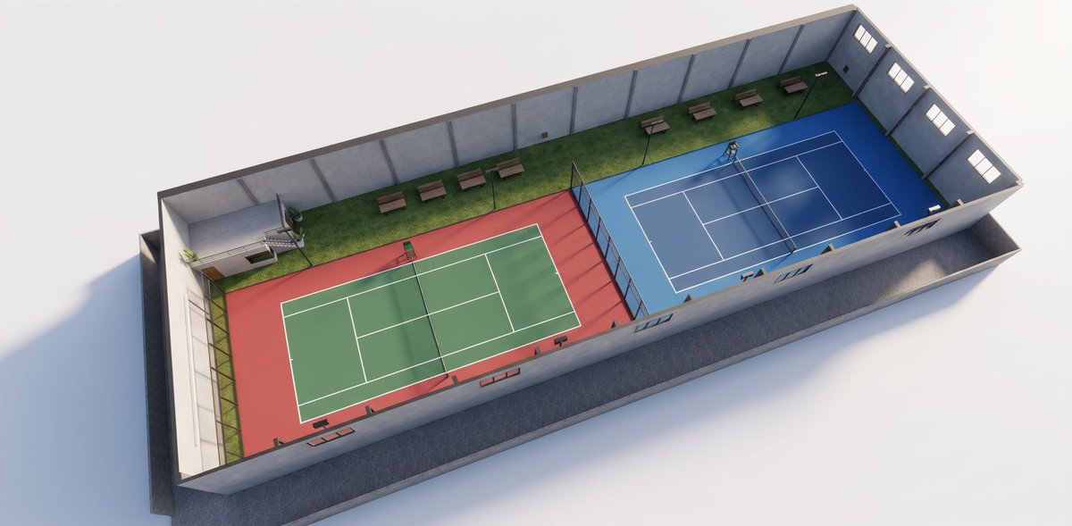 Top-down venue rendering showing two indoor tennis courts and seating