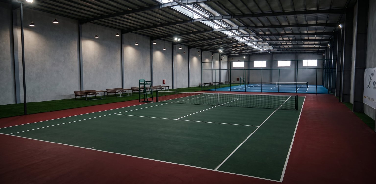 Venue rendering of two indoor tennis courts inside the L'oeuf Tennis Club hall